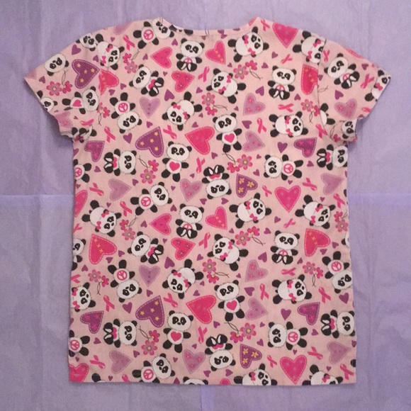 Zikit Pandas Hearts Flowers Ribbons Peace Signs Scrub Top Size X-Small - Picture 2 of 2